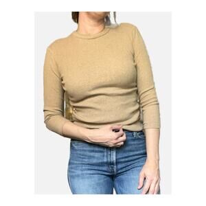 esby Sabina Fitted Ribbed Cotton Long Sleeve Top Sand Tan Small